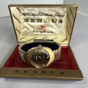 VINTAGE BENRUS AUTOMATIC GOLD TONE DATE OMBRE DIAL WATCH NEW CRYSTAL RUNS WELL